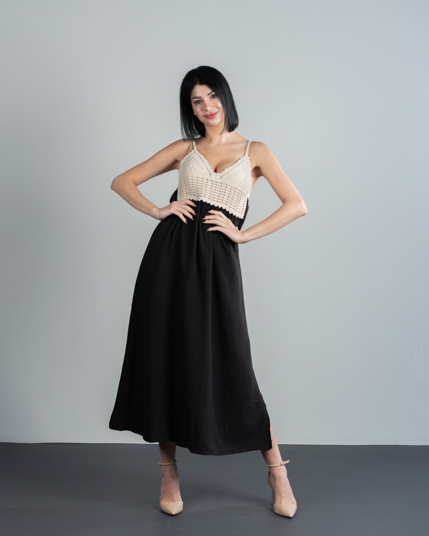 Beige and black Off Shoulder Dress