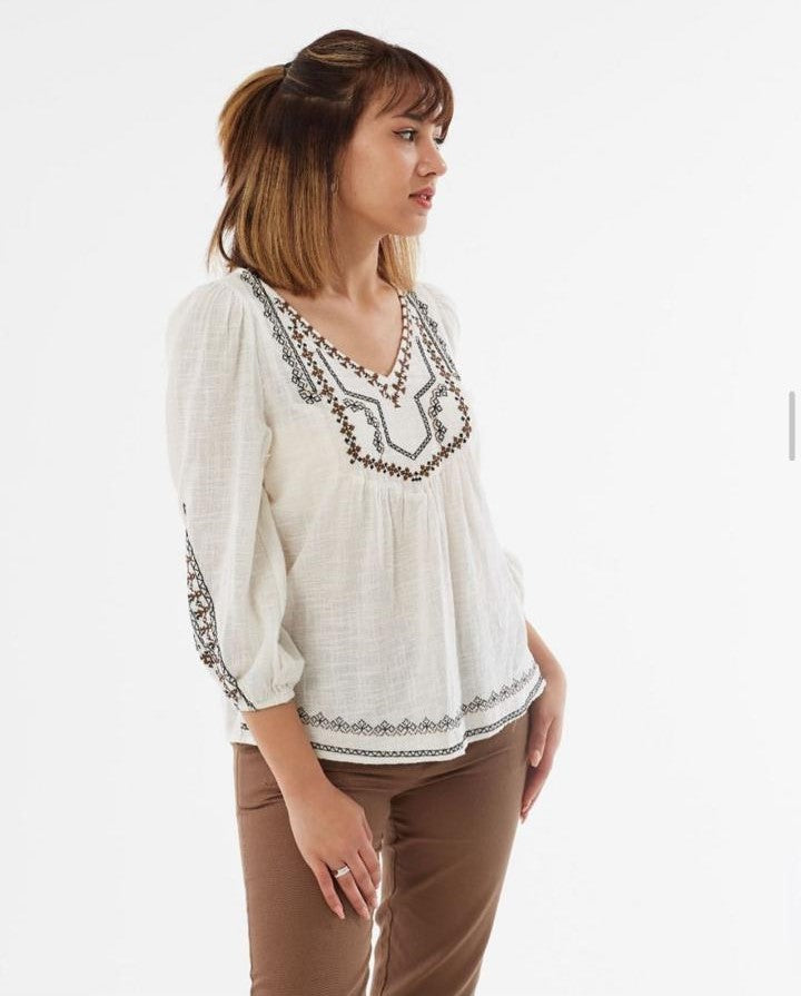 beige Embroidery Blouse